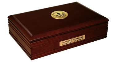 Cherry-finish desk box with engraved Honor Society medallion on the lid