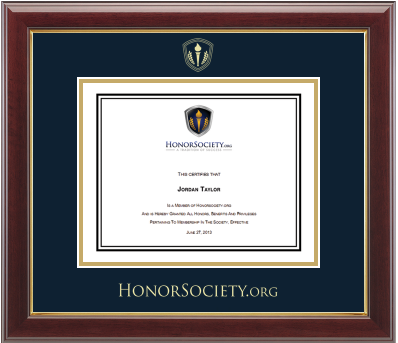 Gold embossed Honor Society certificate frame in Gallery moulding with navy and gold mats