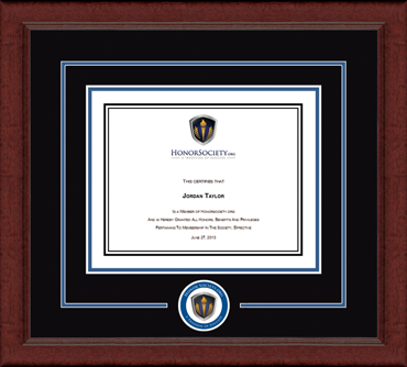 Sierra certificate frame in dark mahogany with black and royal blue mats